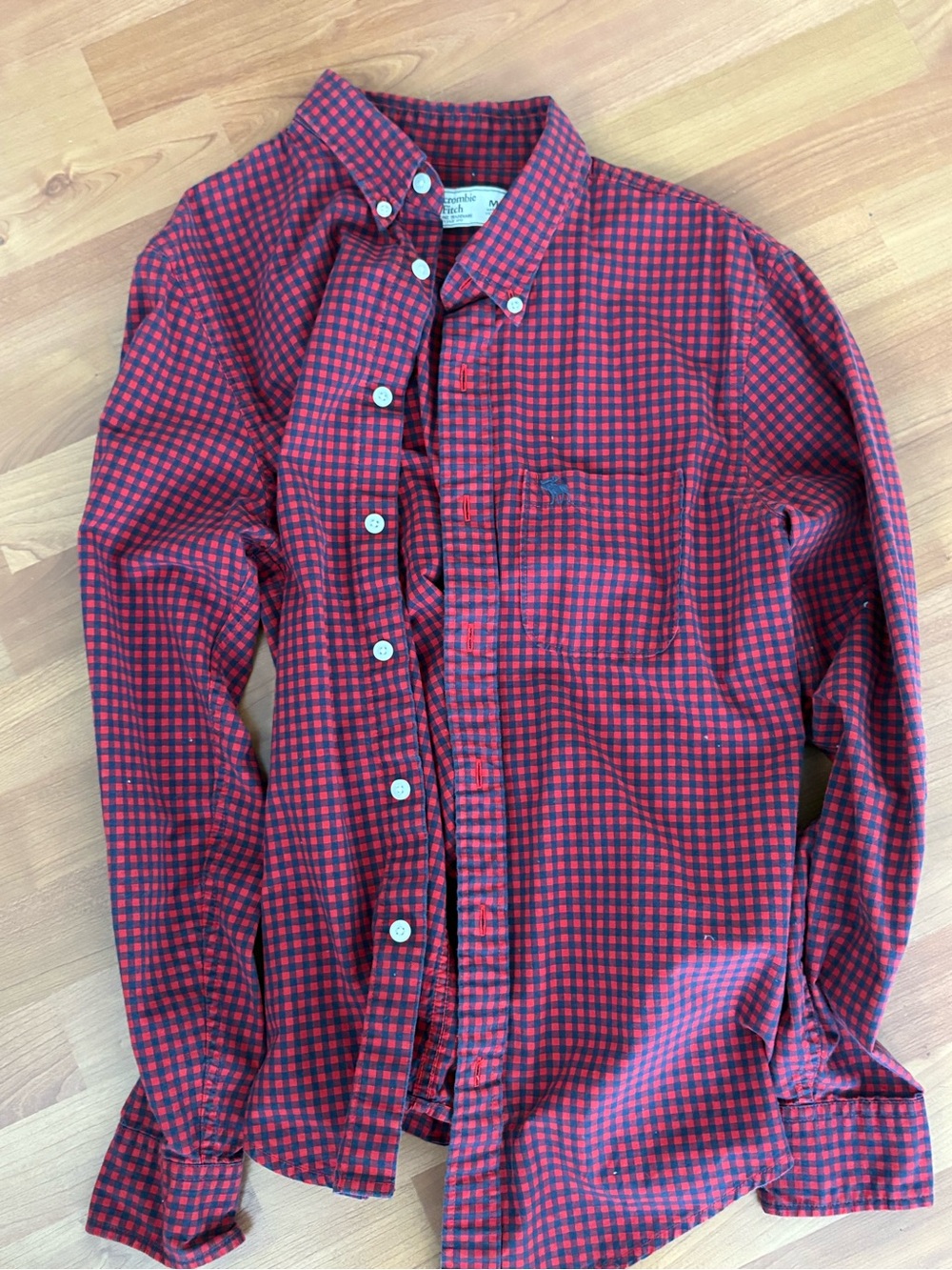Abercrombie & Fitch Men's Red Plaid Button-Down Shirt with Chest Pocket